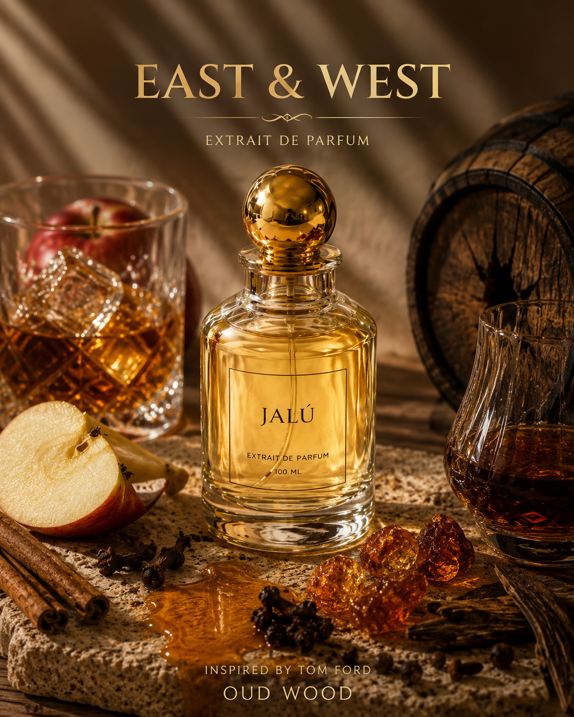 East & West perfume by Jalù, inspired by Smooth oud fragrance blended with smoky woods and warm spice.